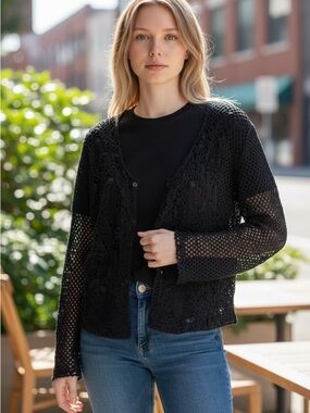 J. JILL Black Crochet Linen Cotton Cottagecore Cardigan 90s Butter Mom